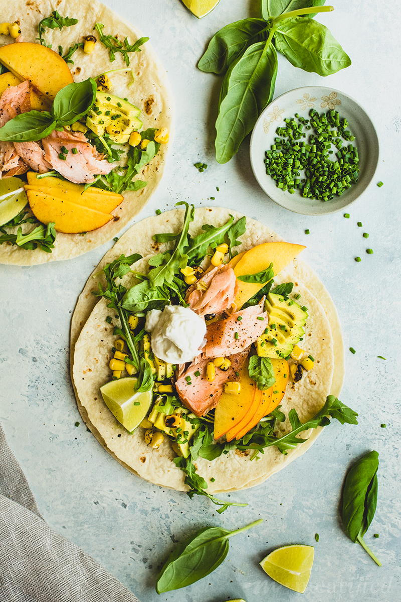 Summer Salmon Tacos With Peaches, Avocado & Basil